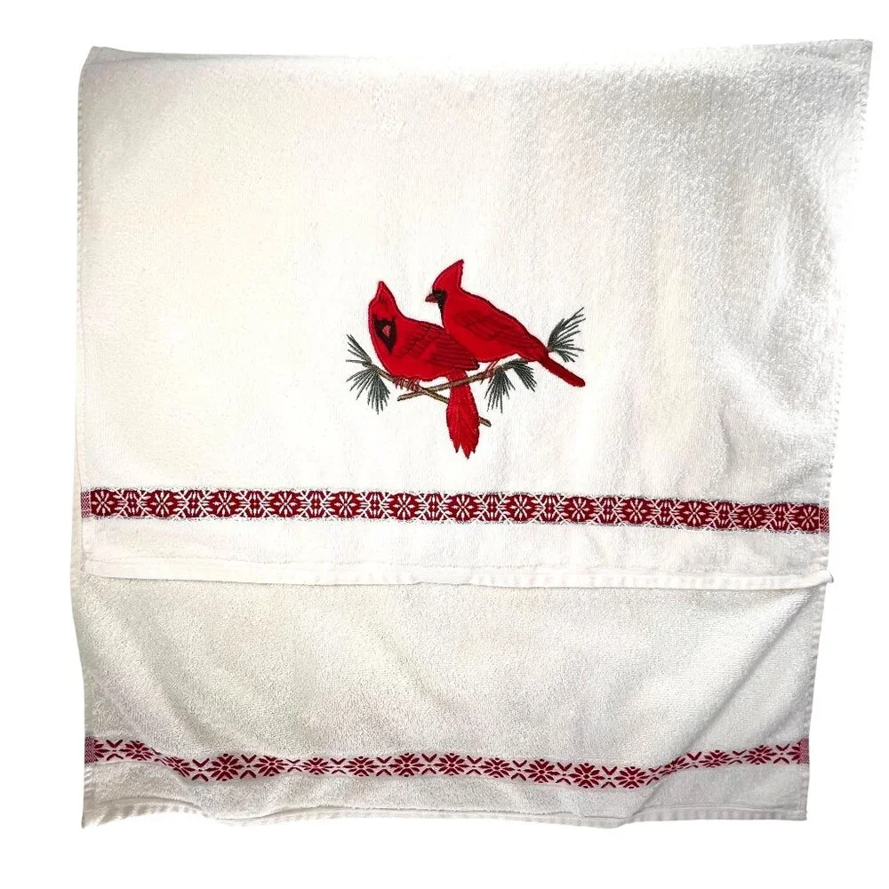 Santens Embroidered Cardinal Bath Towel Set of 2 USA Holiday Sparkle Snowflake